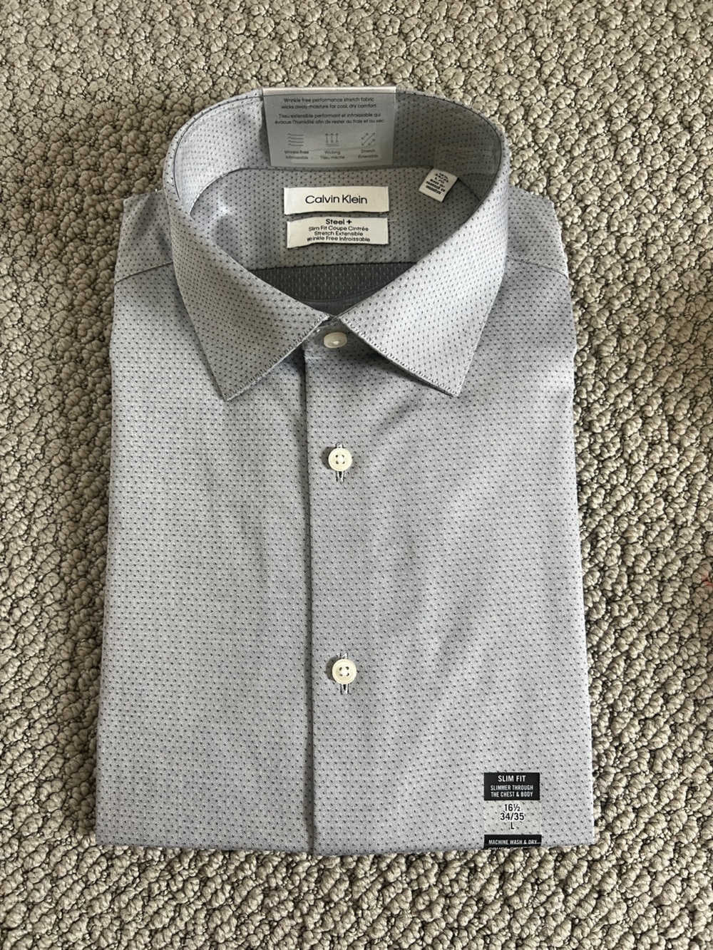 Calvin Klein Slim Fit Light Gray Micro-Pattern Dress Shirt, L, Steel +, NWT 16.5